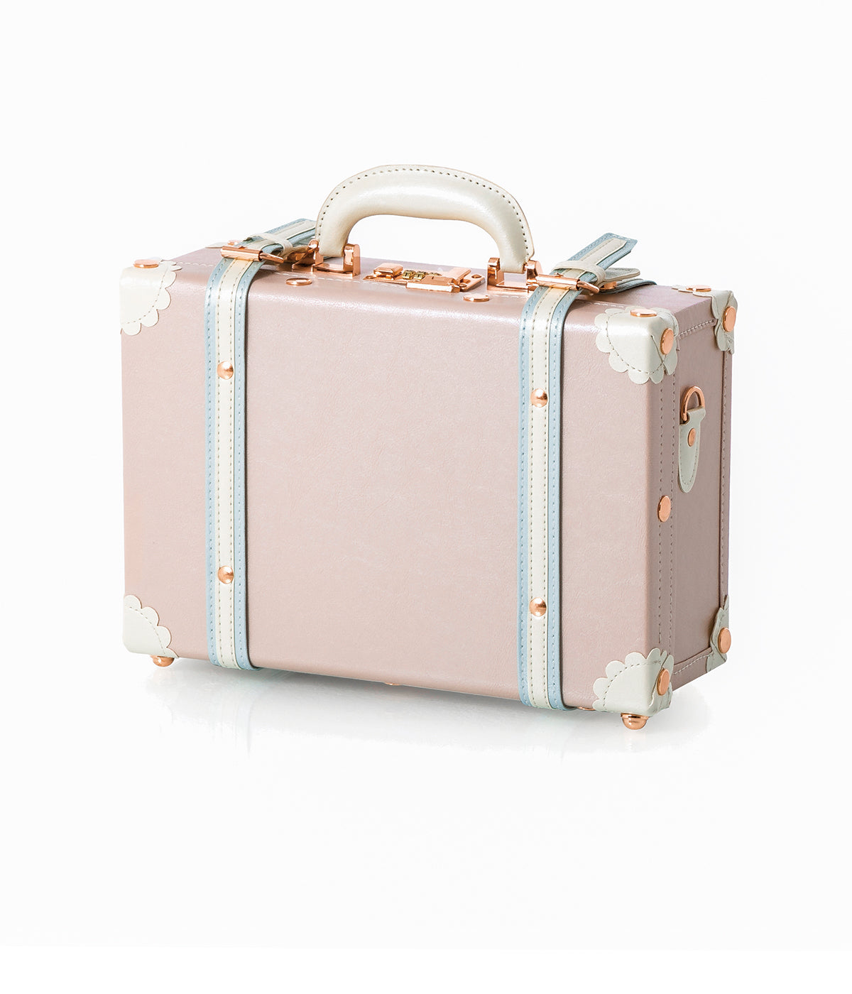 Cherry pink carry-on train case with top handle, light blue striped trim, gold-tone hardware