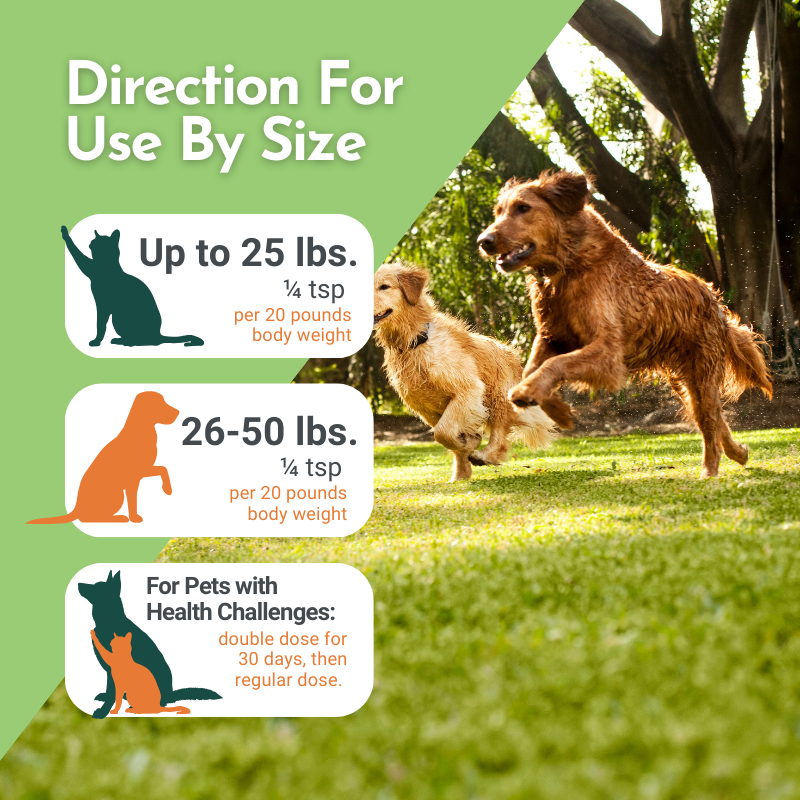 Dosage by pet size chart for a glandular supplement, up to 25 lbs and 26–50 lbs