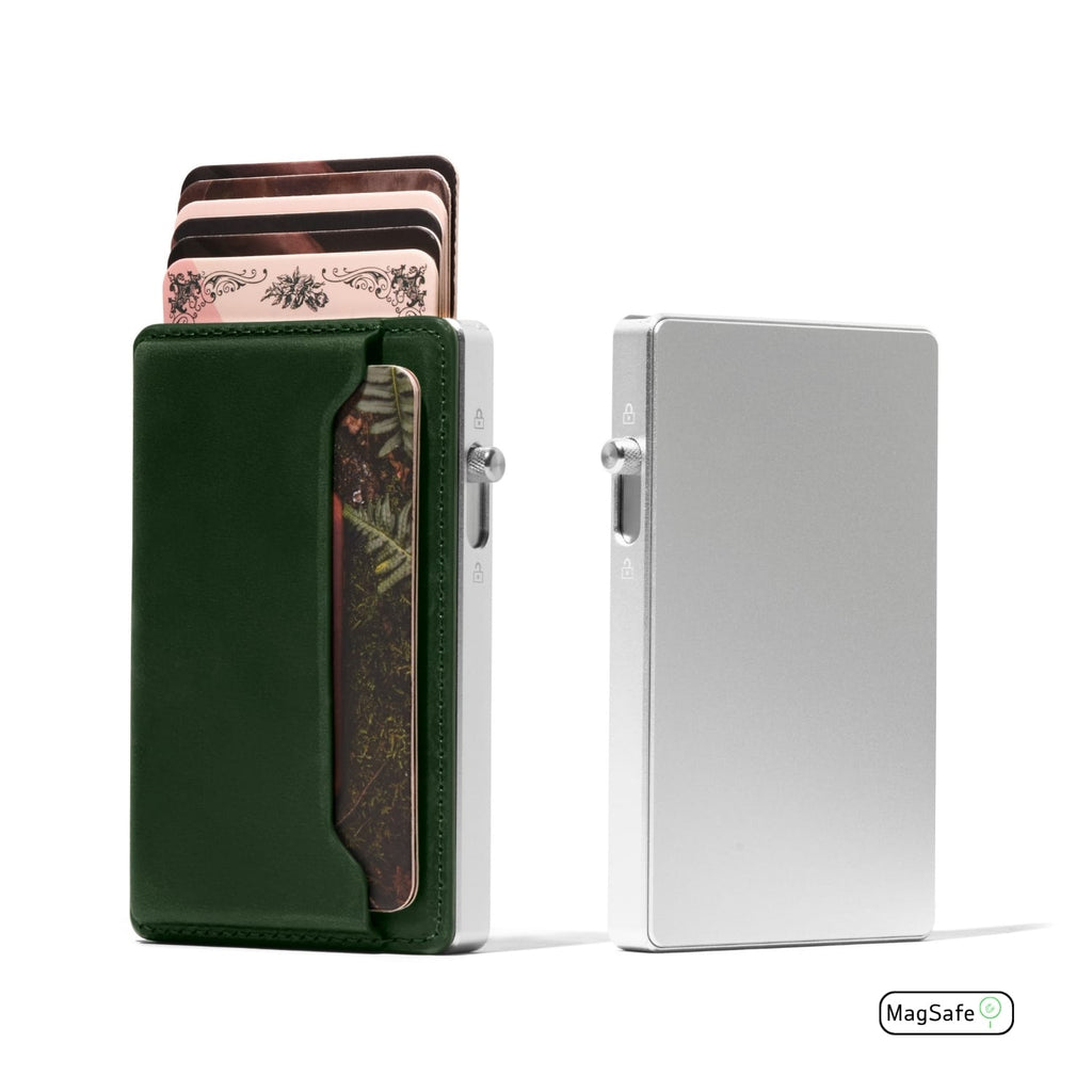 Green leather cardholder wallet with MagSafe and patterned card pocket.