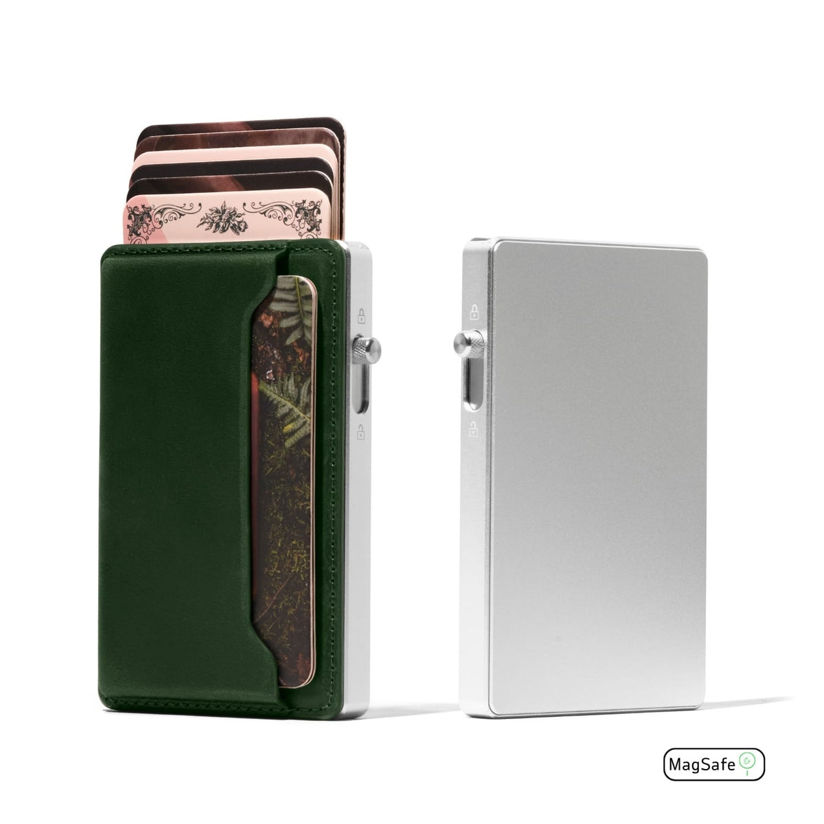 Green leather cardholder wallet with MagSafe and patterned card pocket.