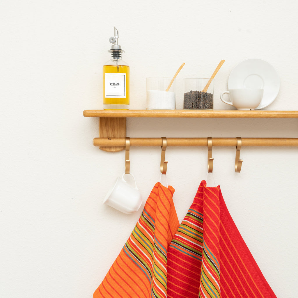 Hanging kitchen towels with red-orange multicolor stripe pattern