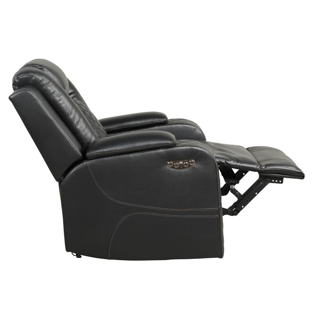 Black LED power recliner chair in reclined position with padded headrest and armrests