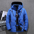 Blue hooded winter coat with zipper front, insulated padding, and side straps