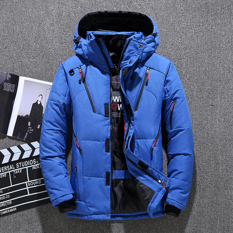 Blue hooded winter coat with zipper front, insulated padding, and side straps