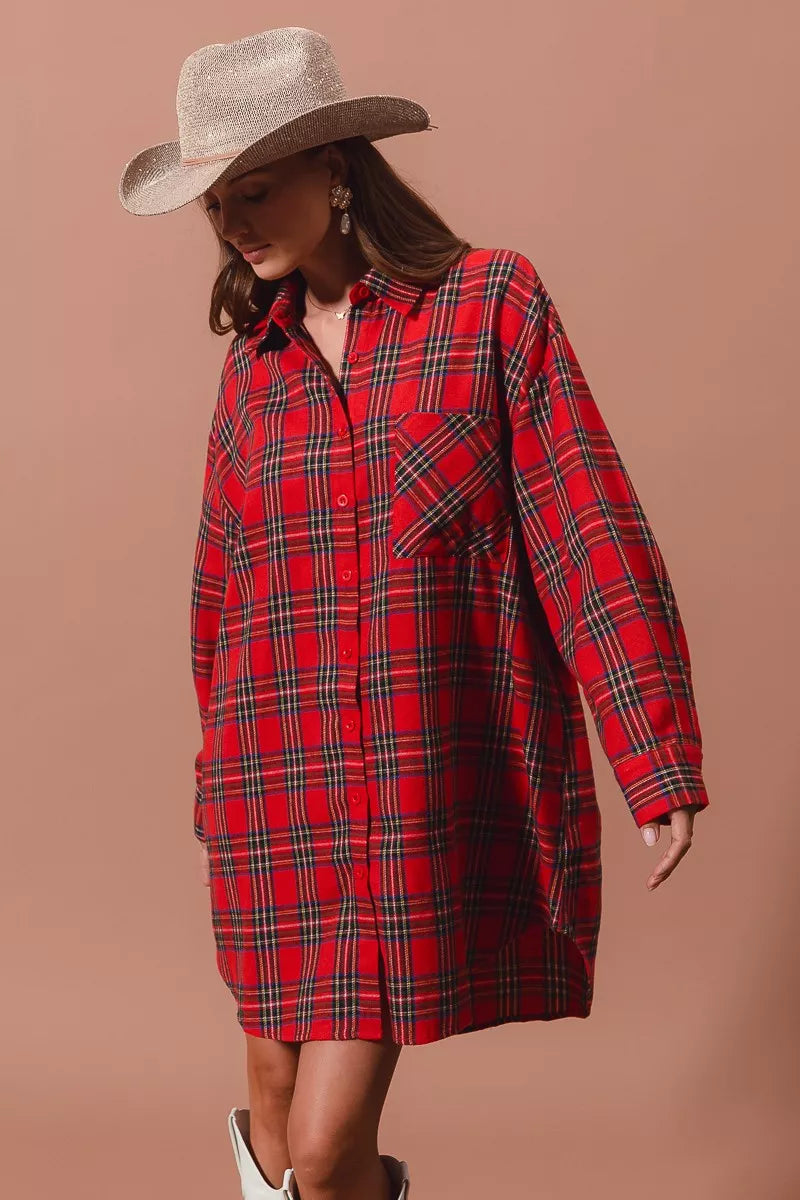 Red plaid button-up shirt dress with chest pocket, front view, long sleeves