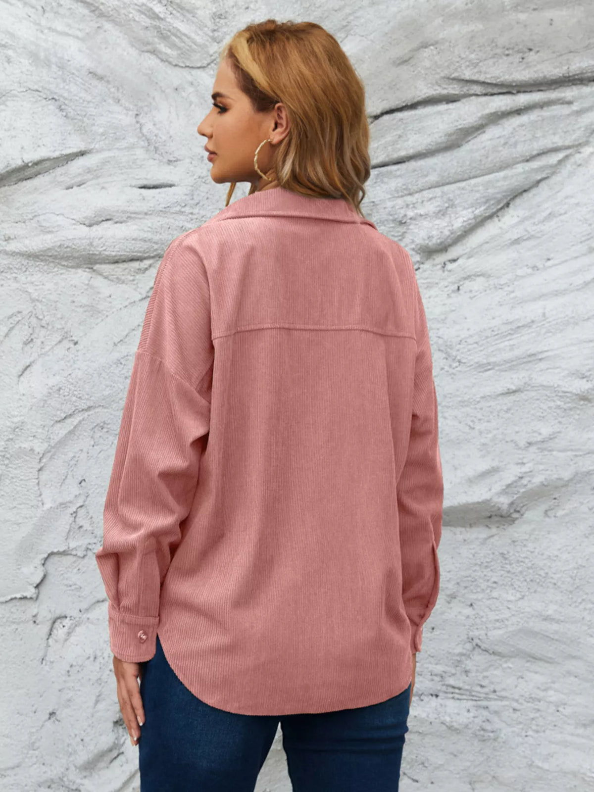 Pink corduroy button-front shirt, back view with collar and shoulder seams