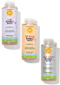 Bubble bath trio of three scented bottles with colorful labels and plastic caps