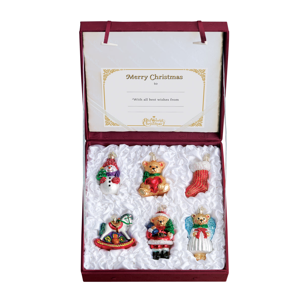 Christmas ornament set in a gift box with six colorful character ornaments