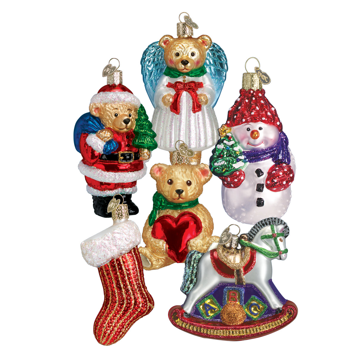 Set of six holiday character ornaments on a white background, hanging loop tops