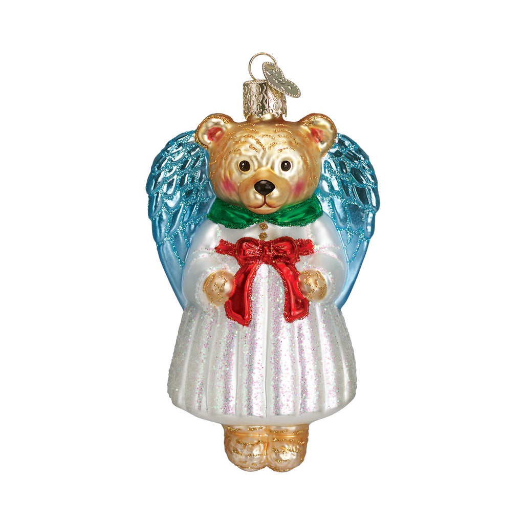Bear angel ornament with glittery blue wings, white dress, and hanging loop