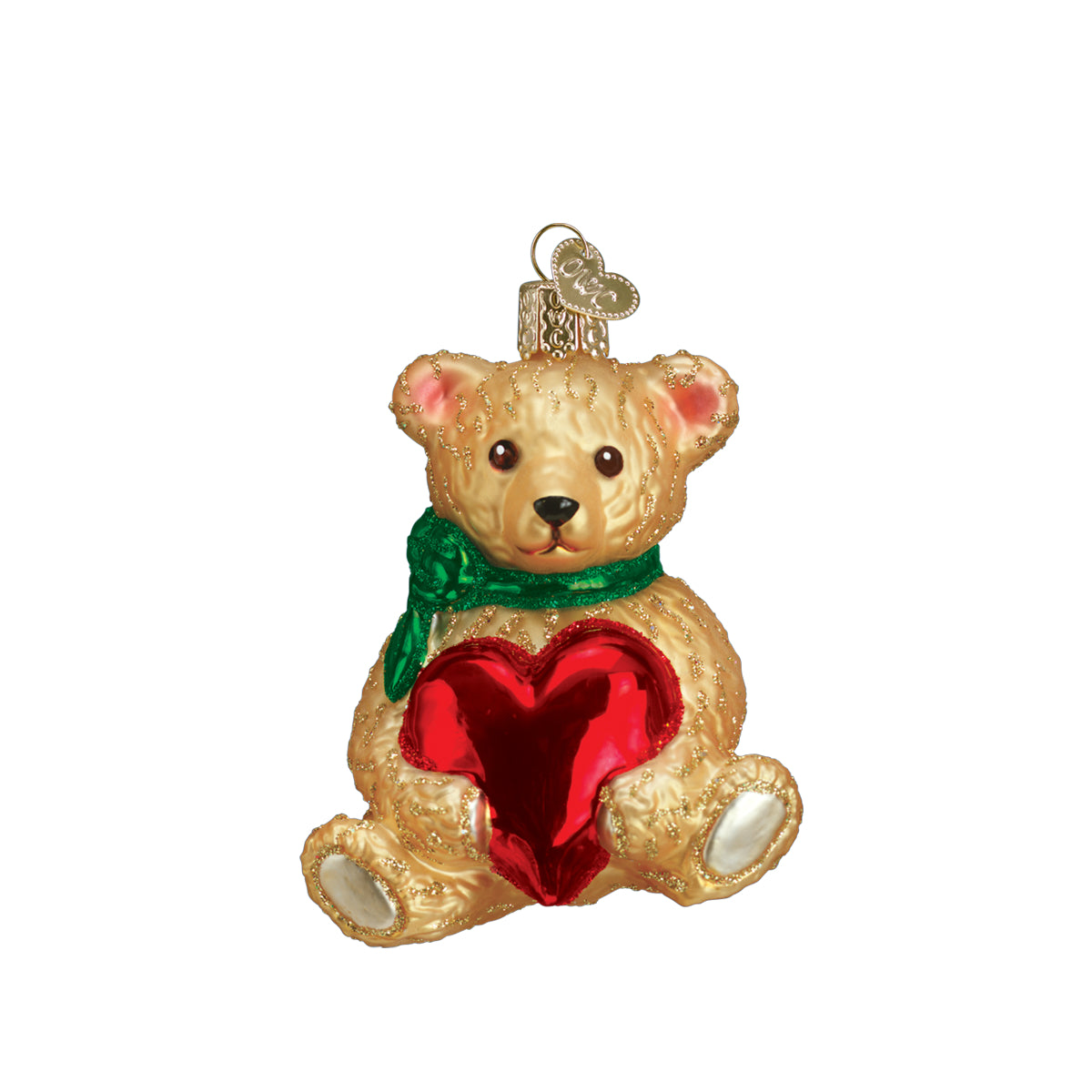 Bear holding a red heart ornament with green outfit and hanging loop