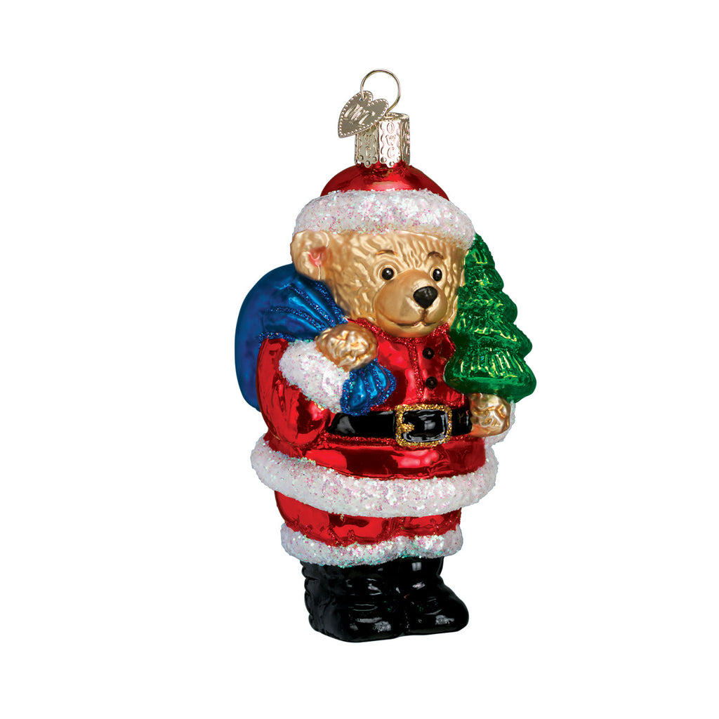 Bear holiday ornament with candy-striped scarf, red coat, and hanging loop