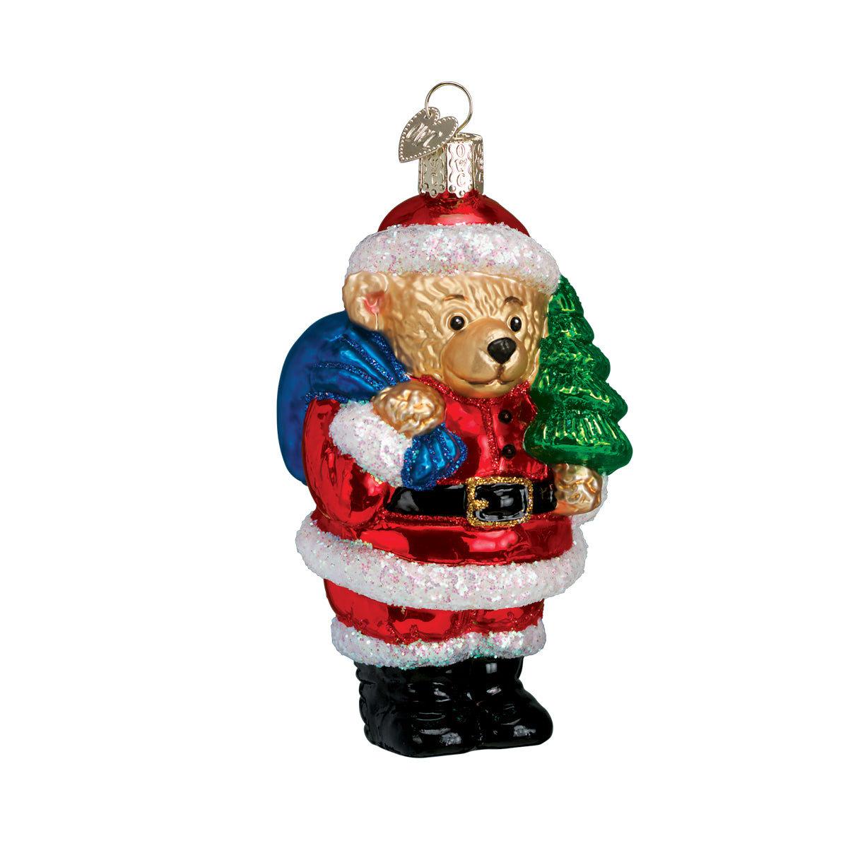 Bear holiday ornament with candy-striped scarf, red coat, and hanging loop