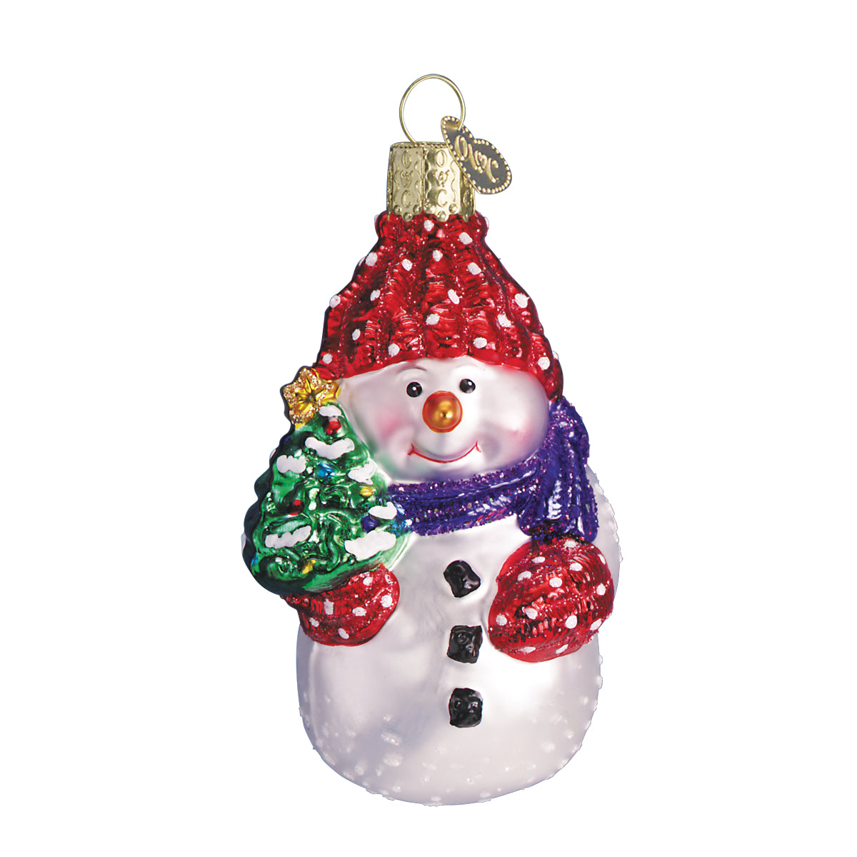 Snowman ornament in red hat and scarf holding a small green tree, hanging loop