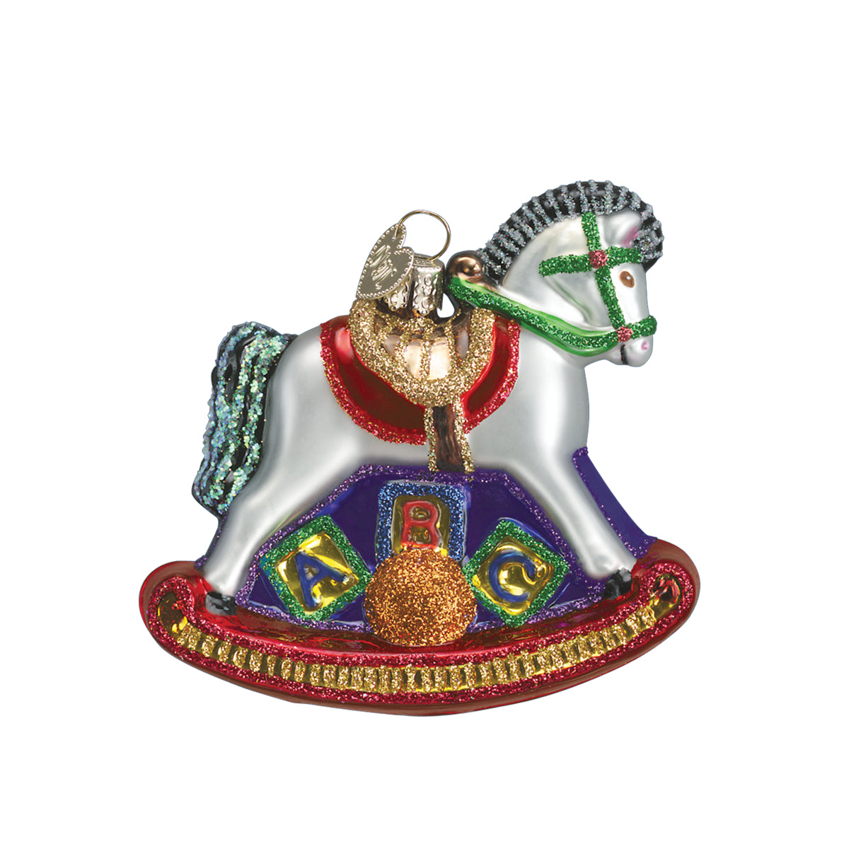 Horse-shaped holiday ornament with green and red accents, glitter details, hanging loop