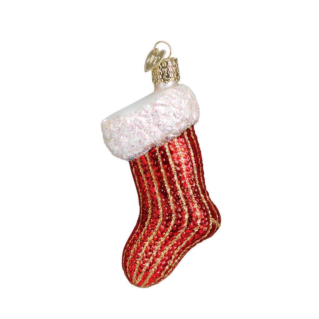 Red and gold striped stocking ornament with glittery white cuff and hanging loop