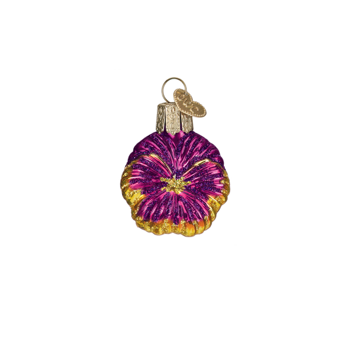 Mini garden ornament: purple and gold glitter round bauble with looped cap