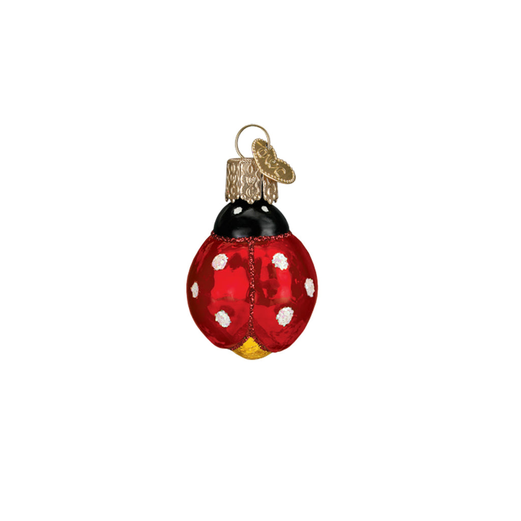 Mini garden ornament: red glitter teardrop bauble with gold top cap and loop