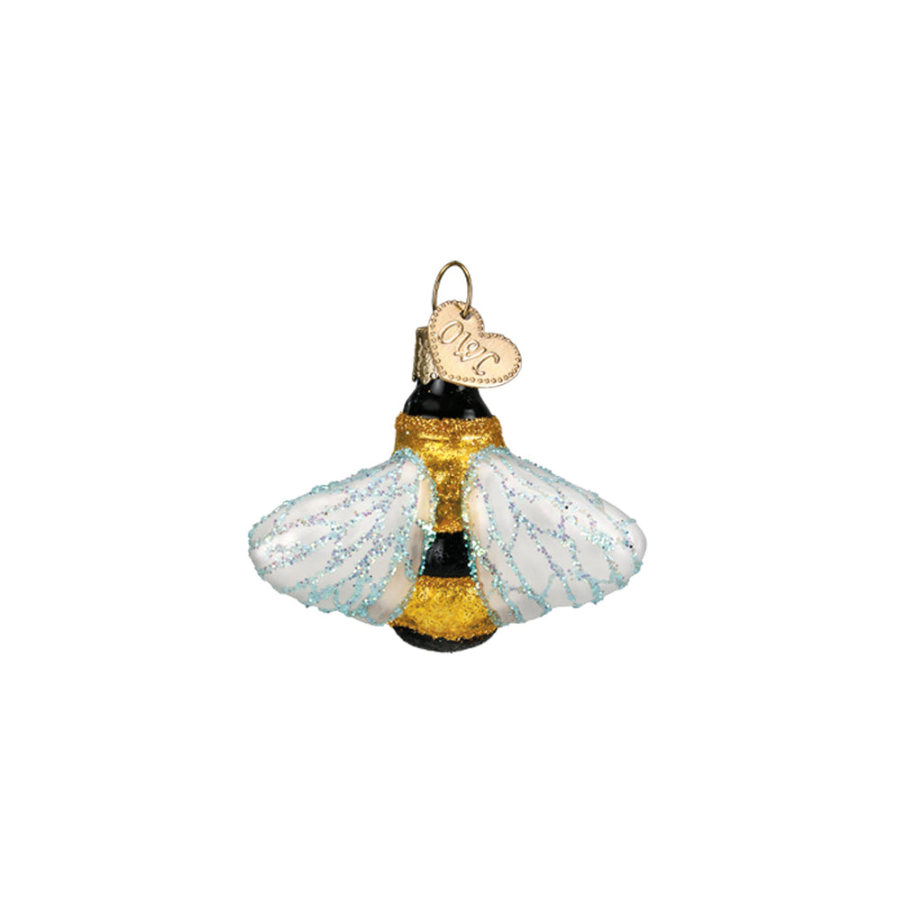 Mini garden ornament: white-blue bell-shaped bauble with gold base and loop