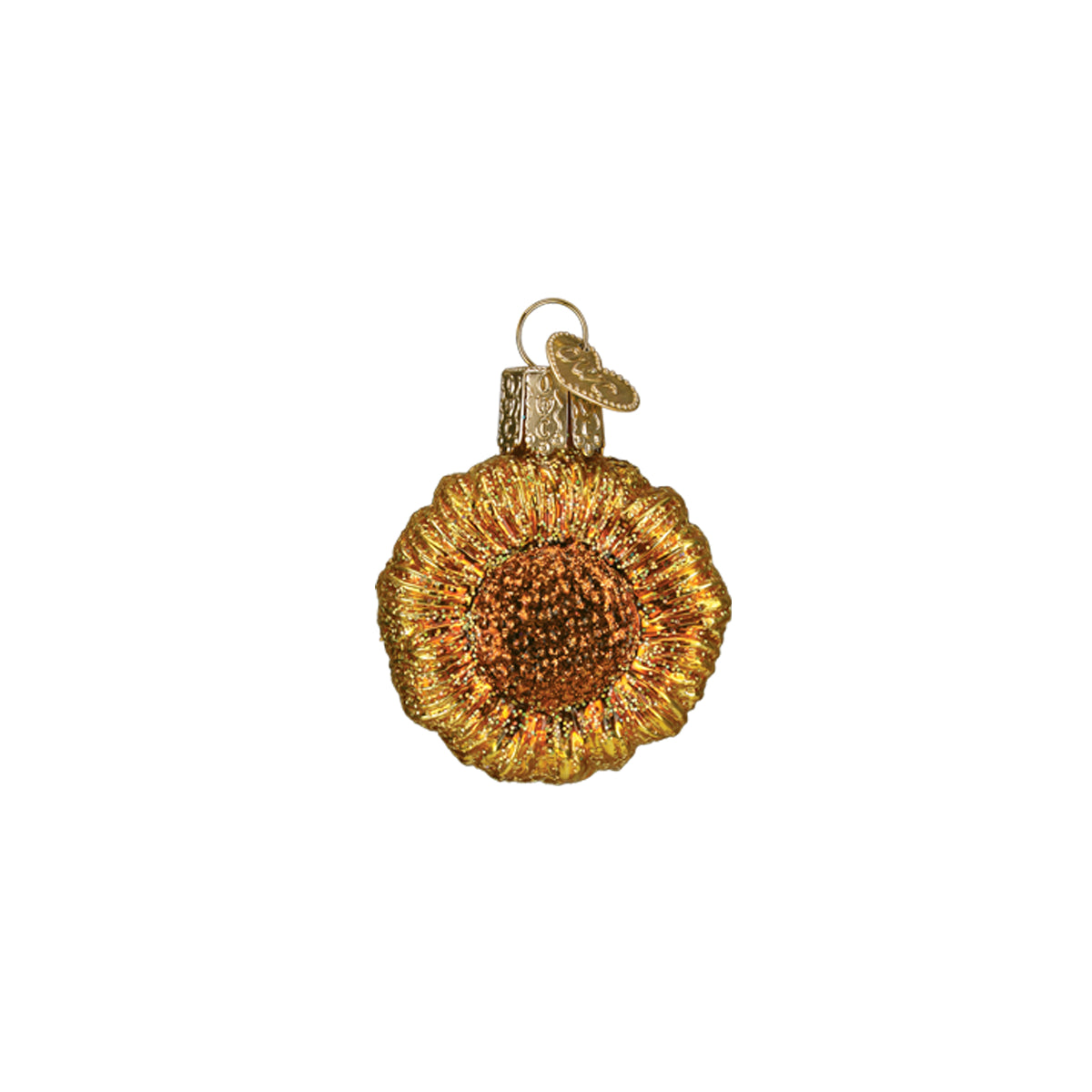 Mini garden ornament: gold glitter round bauble with ornate gold cap and loop