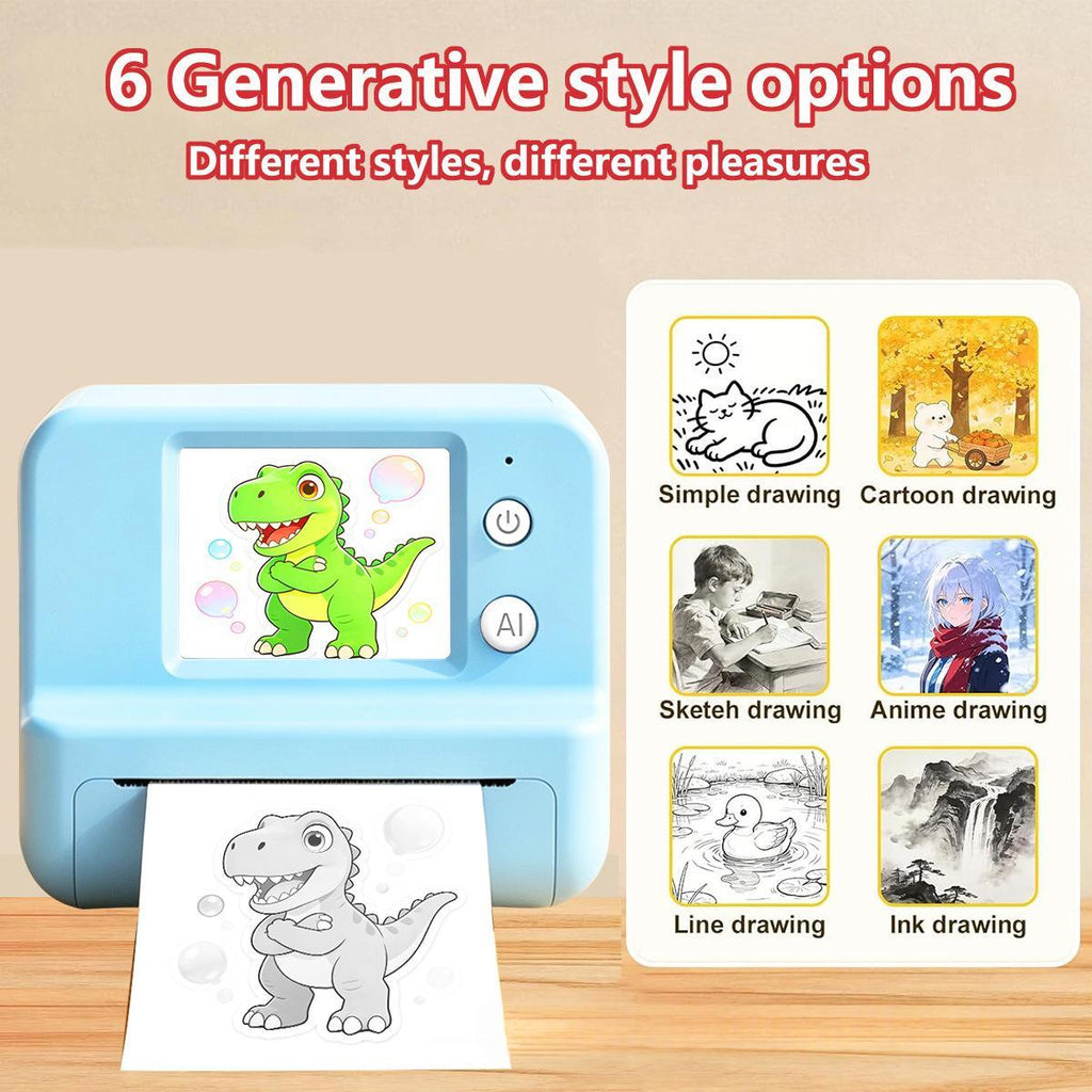Blue AI doodle printer with screen and six drawing style examples