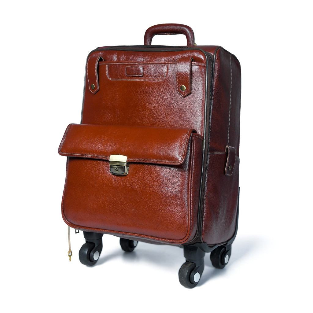 Brown leather carry-on trolley bag with curved handle, front latch, and side wheel frame