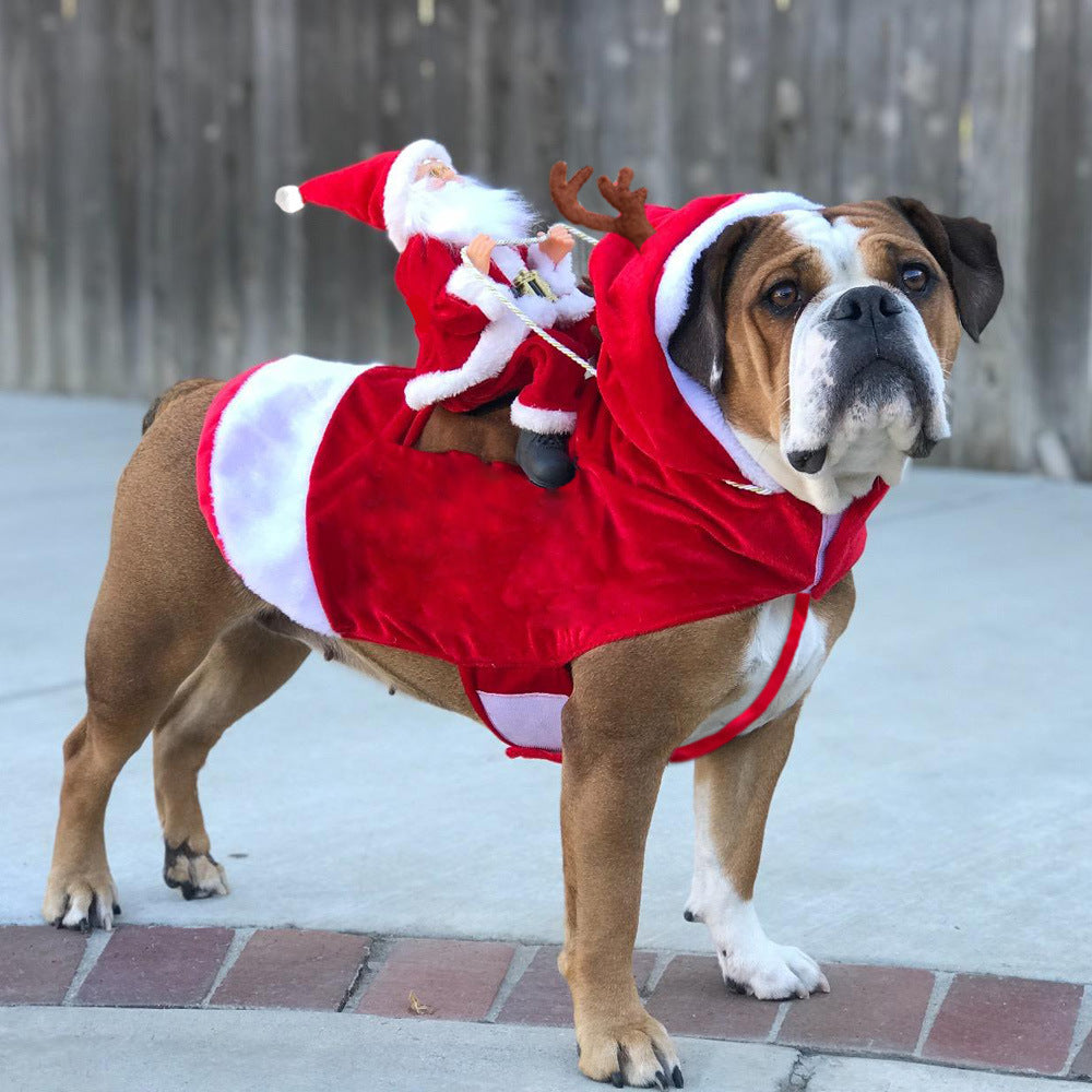 Dog in red Santa-style hooded costume with white trim and plush rider figure