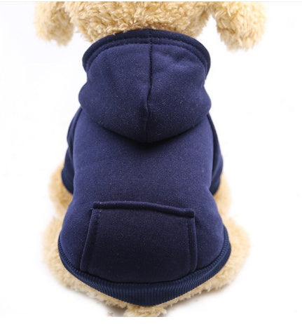 Navy dog hoodie sweater with hood and front pocket, ribbed hem