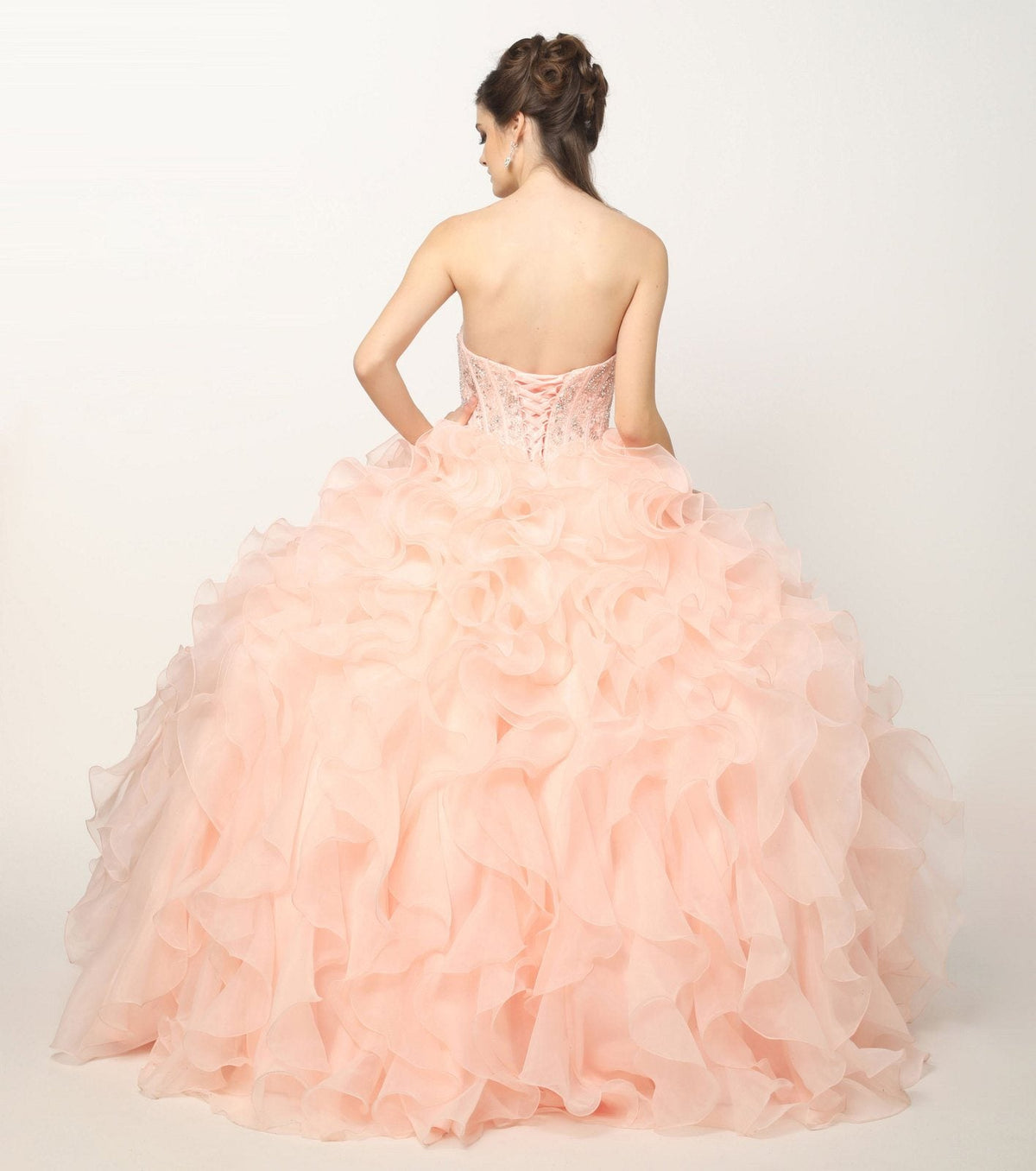 Pink ball gown, back view; beaded corset bodice and layered organza ruffle skirt