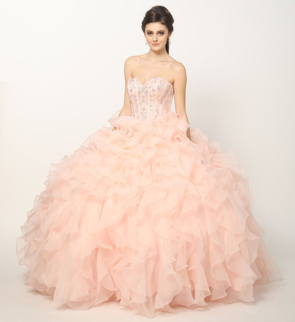 Pink ball gown with strapless beaded corset bodice and layered organza ruffle skirt