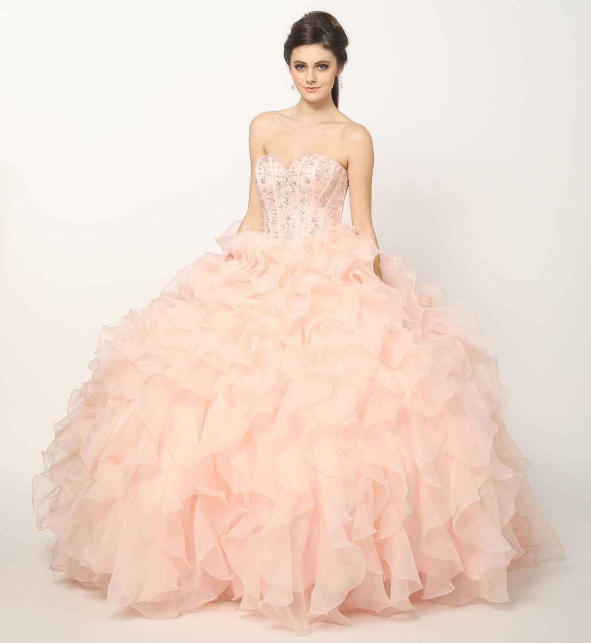 Pink ball gown with strapless beaded corset bodice and layered organza ruffle skirt