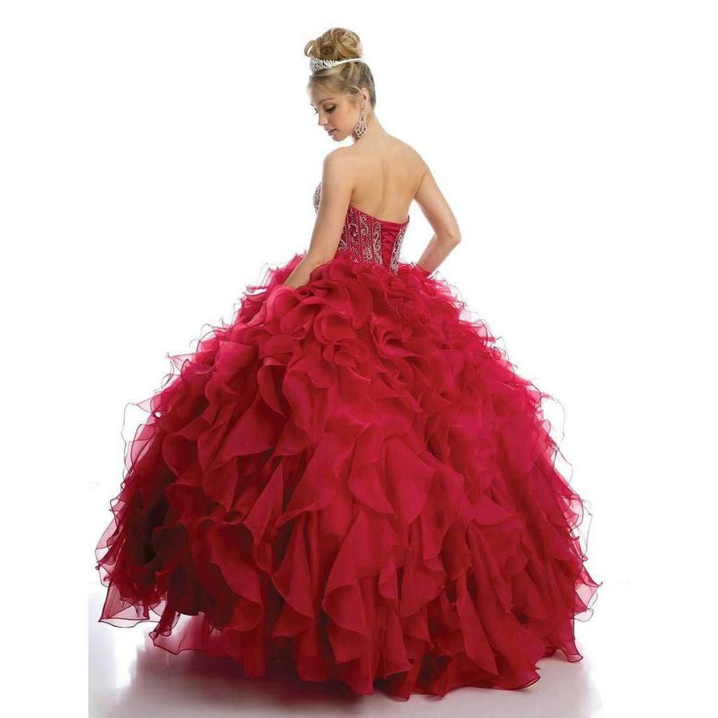 Red ball gown with beaded corset bodice and layered organza ruffle skirt
