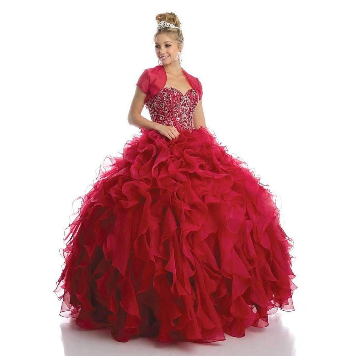 Red ball gown with decorative corset bodice and layered organza ruffle skirt