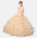Champagne ball gown, front view; beaded corset bodice with layered organza ruffles