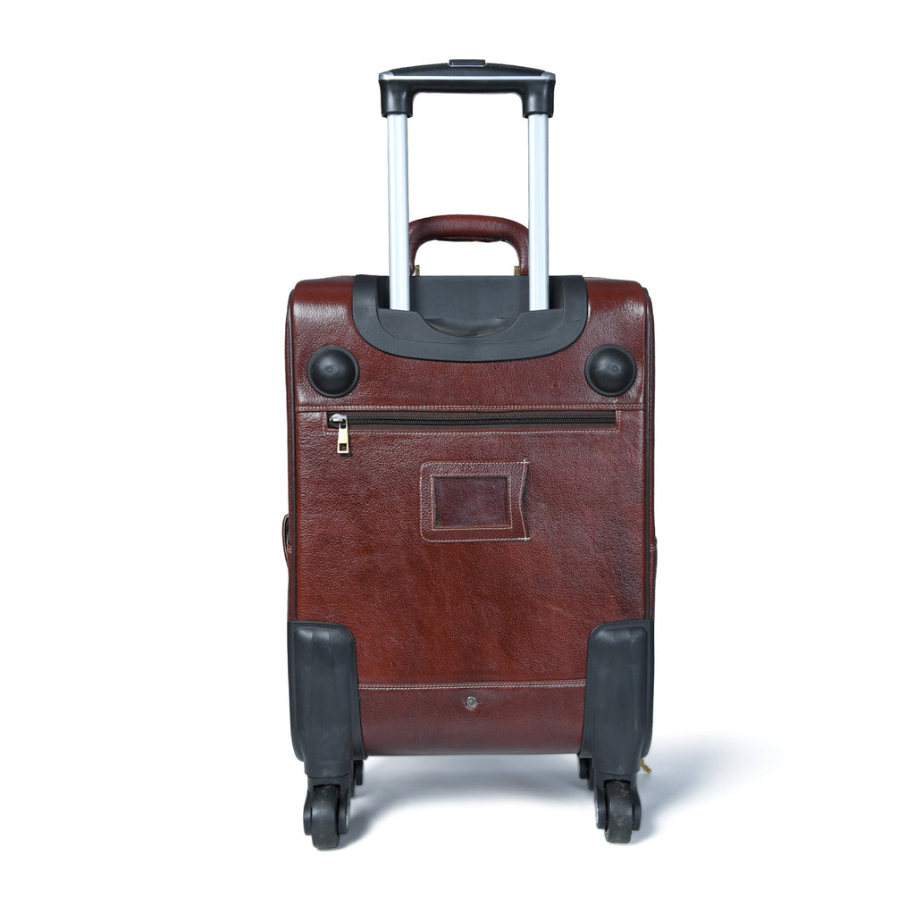 Brown leather carry-on trolley bag back view with retractable handle and four caster wheels