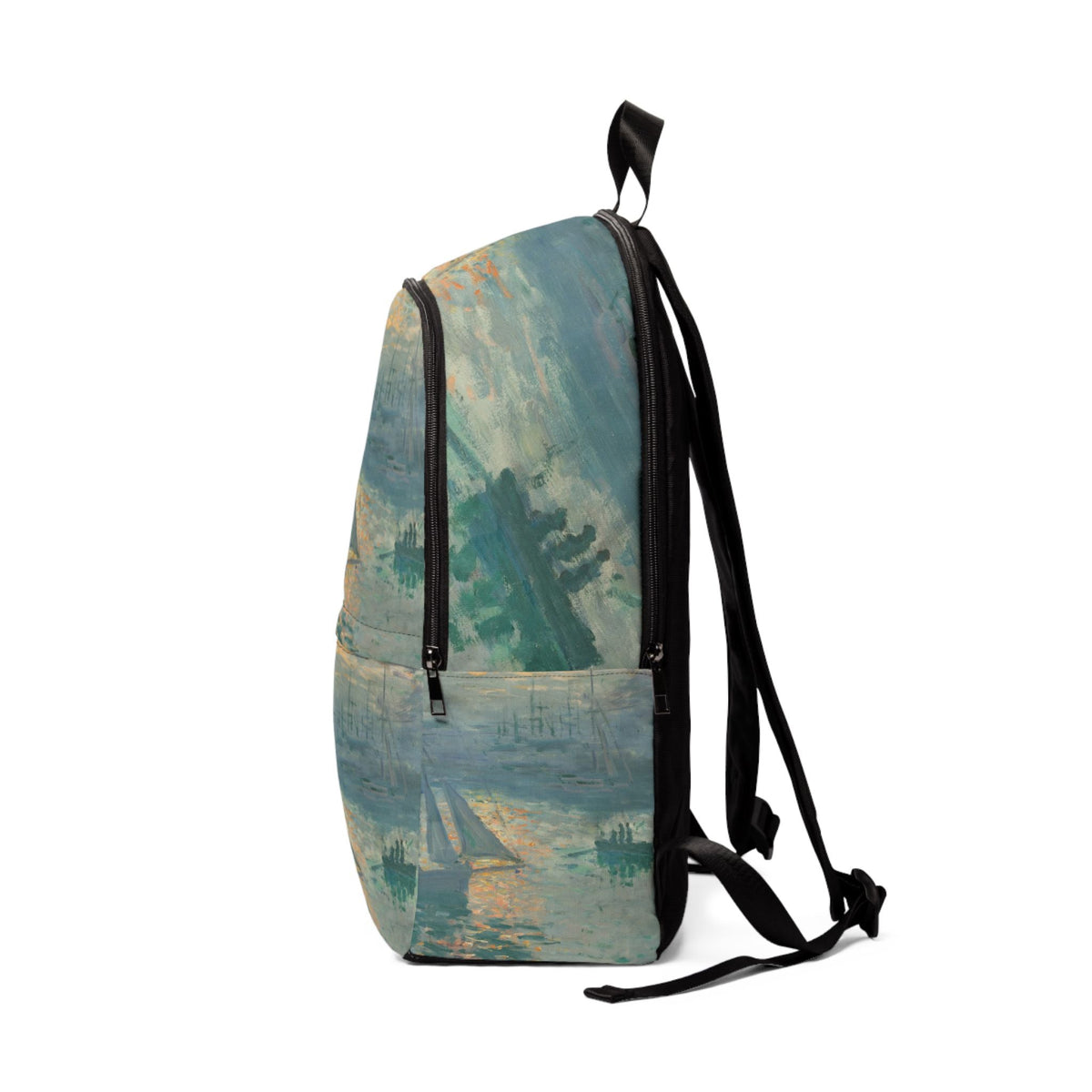 Back view of ocean art print fabric backpack with two adjustable shoulder straps