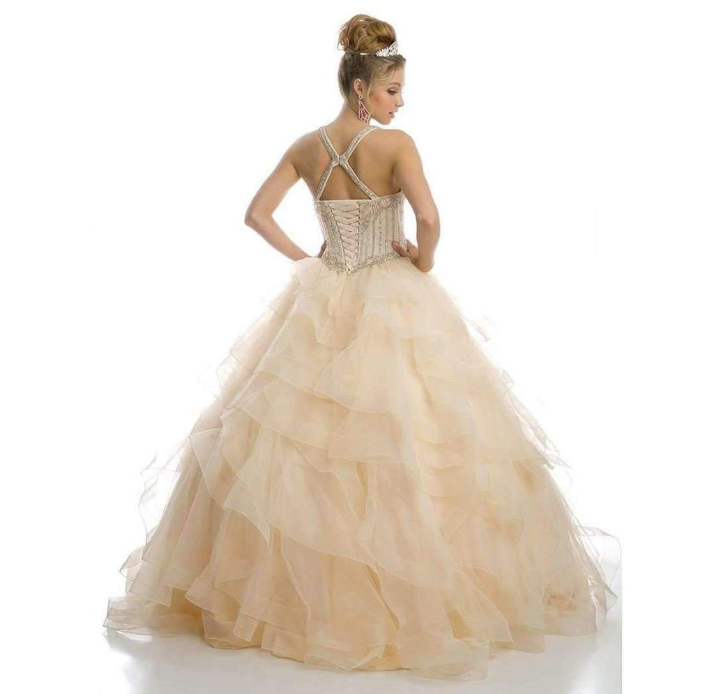 Champagne ball gown back view with crisscross straps and tiered ruffle tulle skirt