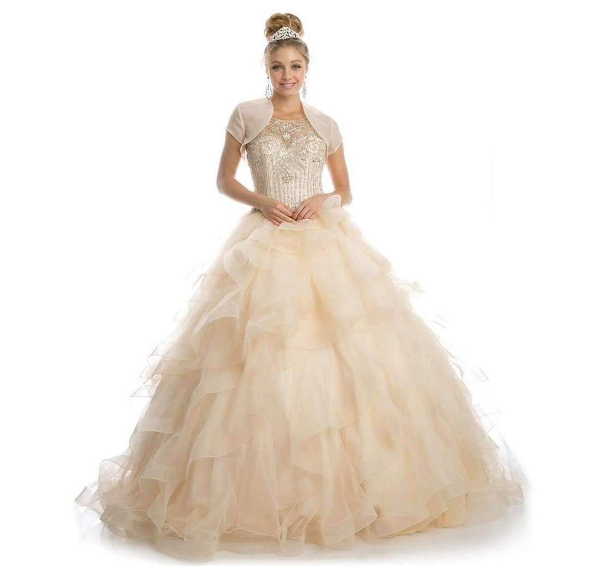 Champagne A-line ball gown with embellished bodice, tulle skirt, and satin jacket