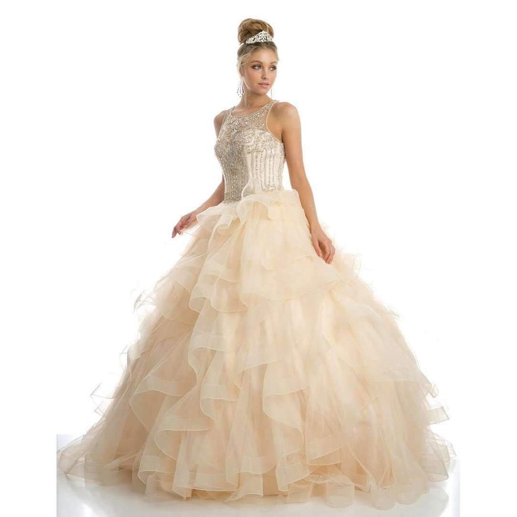 Champagne princess ball gown with sequined bodice and tiered ruffle tulle skirt