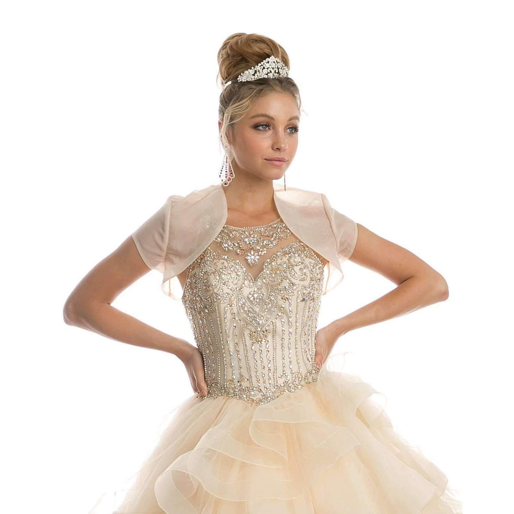 Champagne beaded bodice with satin jacket and layered tulle skirt, formal ball gown