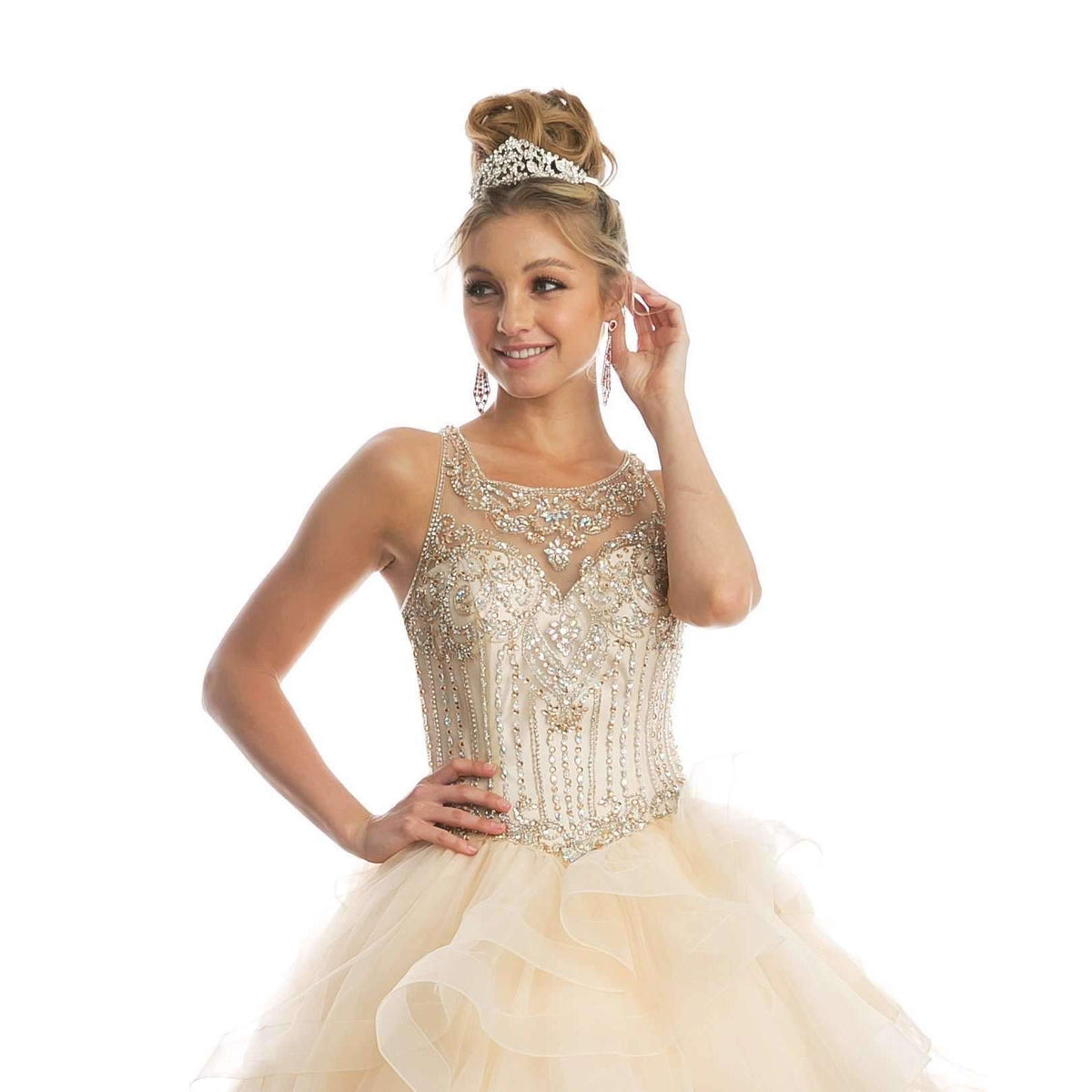 Champagne sequin A-line princess ball gown with ruffled tiered tulle skirt