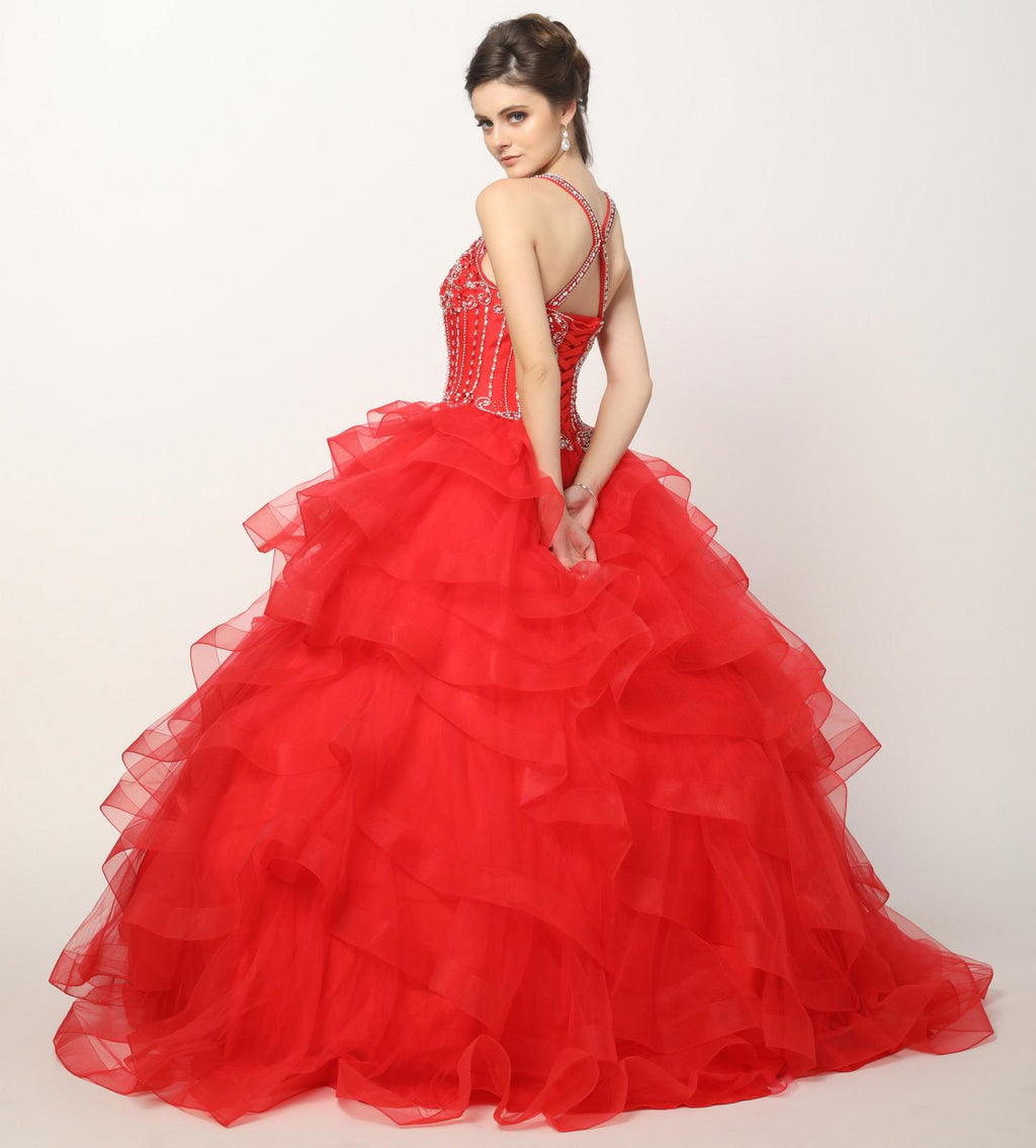 Red tiered tulle ball gown with sequined bodice and open-back straps