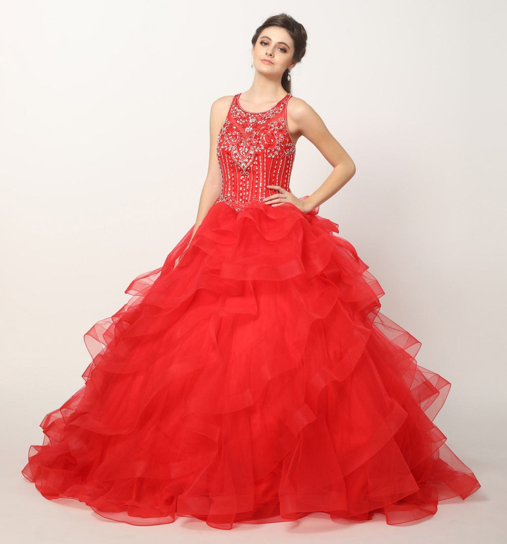 Red sequined ball gown with dramatic tiered tulle ruffles