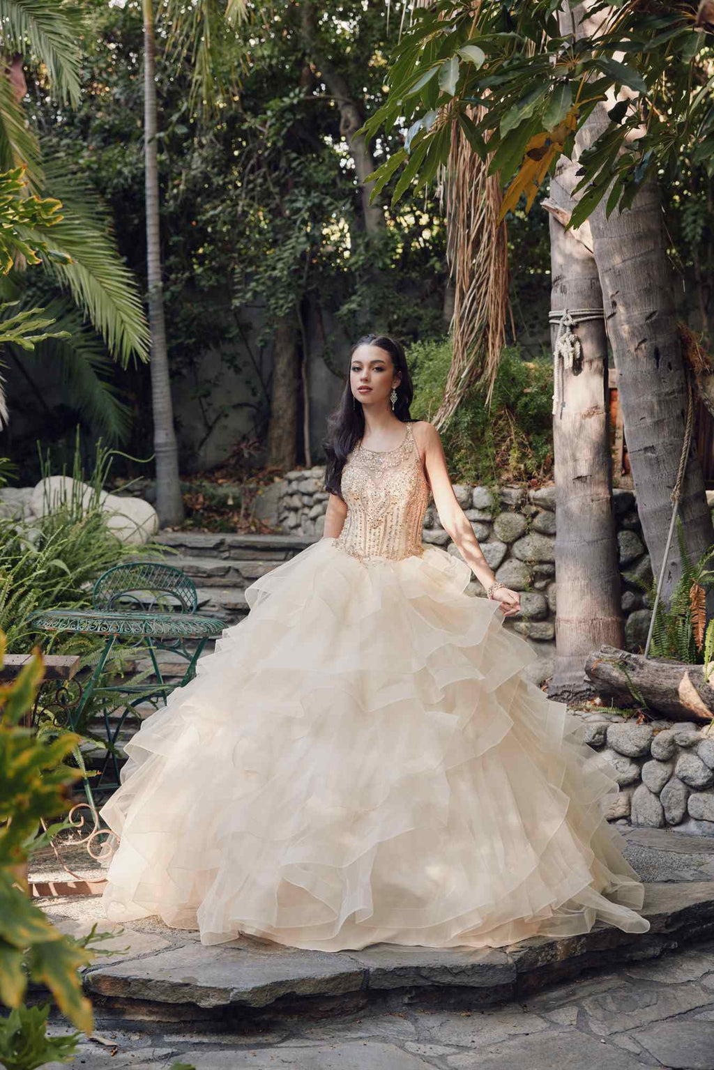 Champagne A-line princess ball gown with ruffled tiered tulle skirt