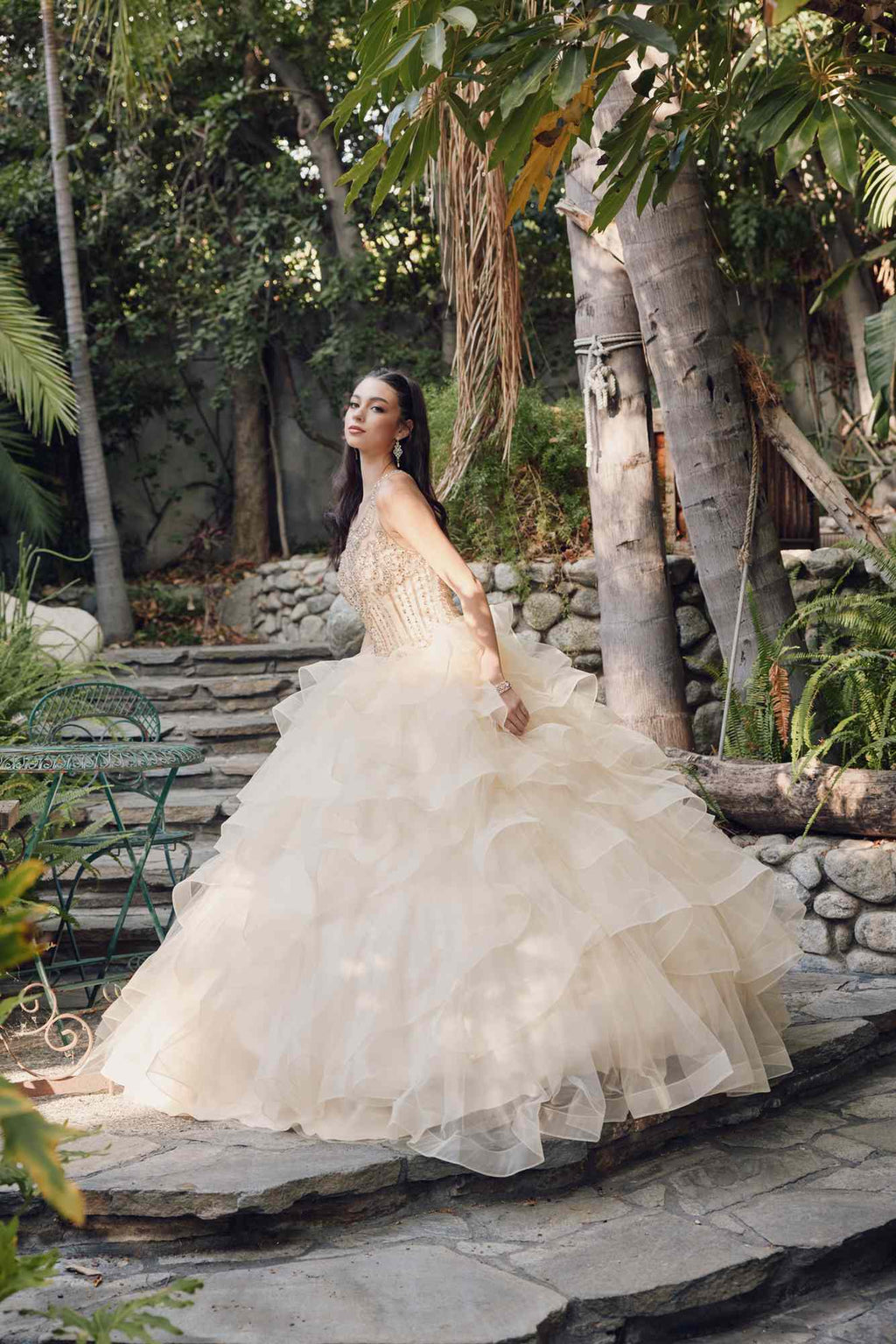 Champagne princess ball gown with voluminous tiered ruffle tulle skirt