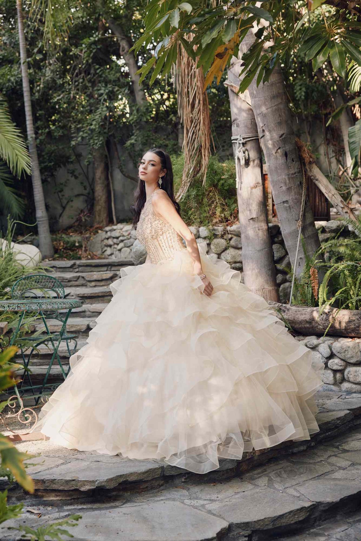 Champagne princess ball gown with voluminous tiered ruffle tulle skirt