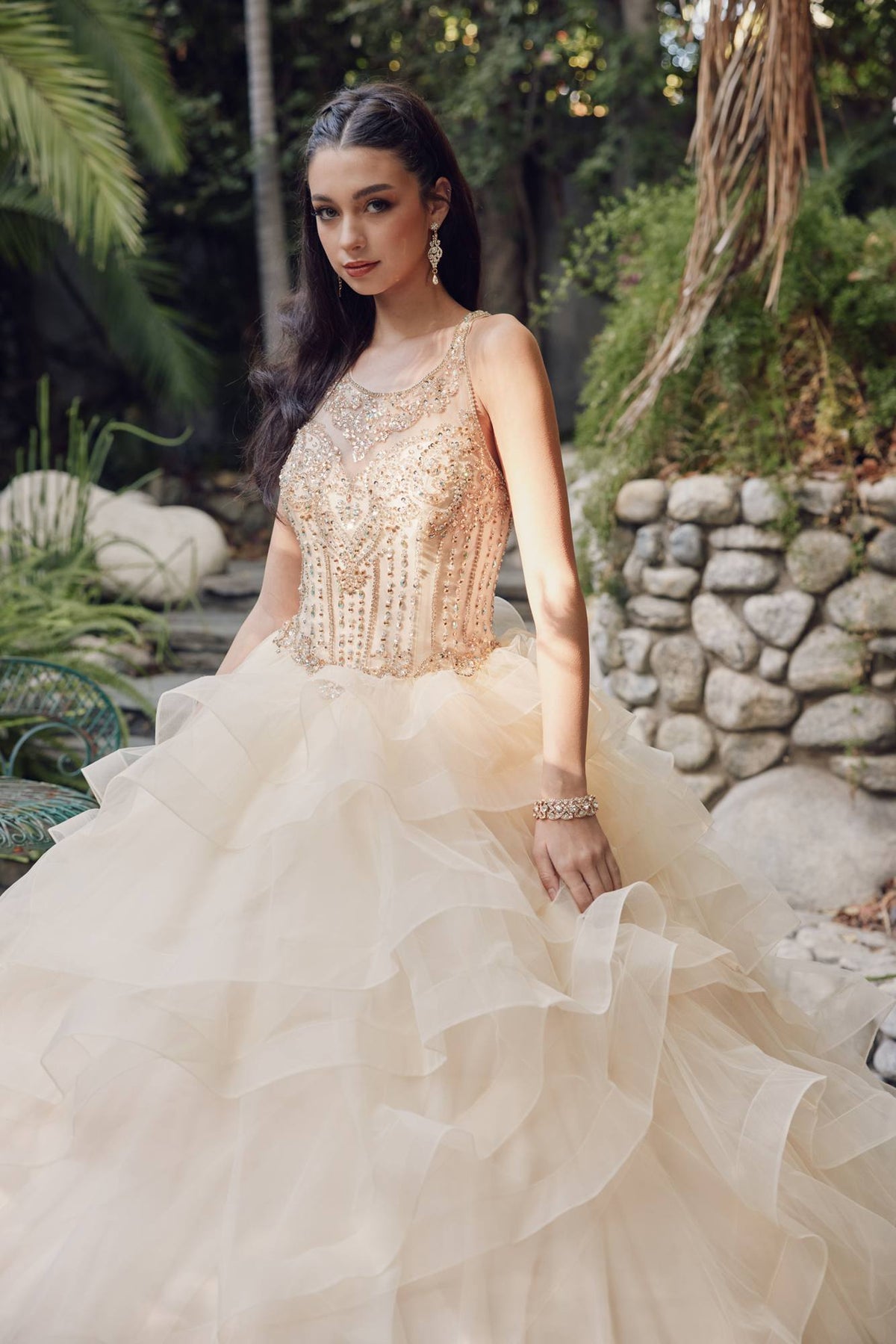 Champagne A-line ball gown with sequined bodice and layered ruffle tulle skirt