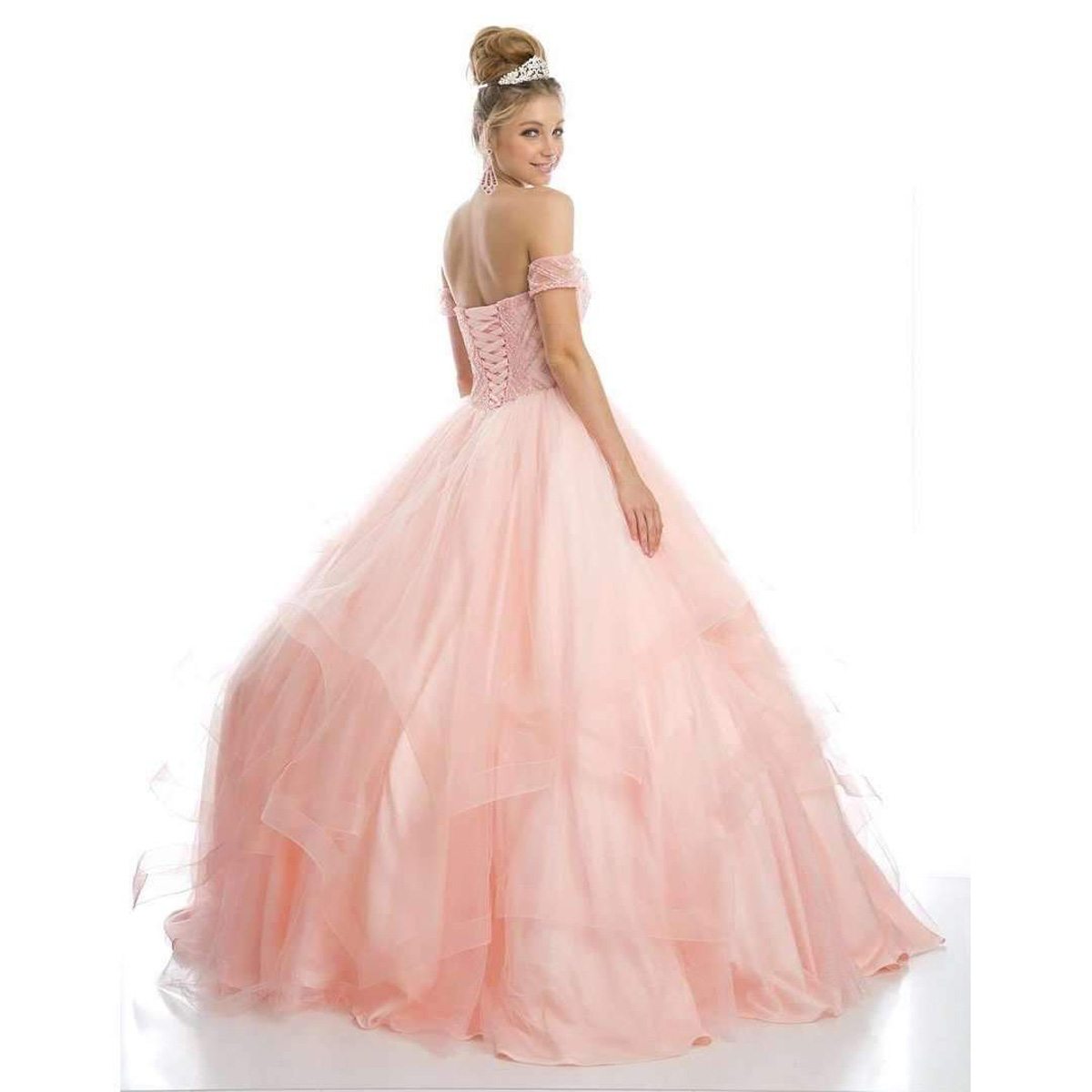 Blush quinceanera ball gown in tulle with fitted beaded bodice and wide skirt