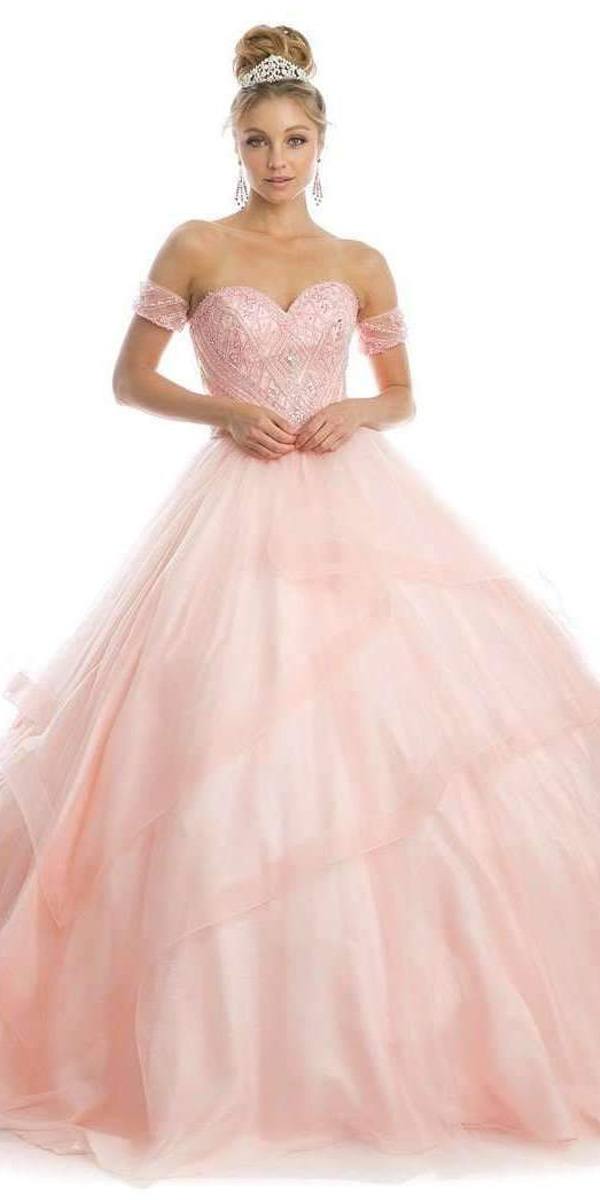 Blush tulle ball gown with beaded sweetheart bodice and off-shoulder arm bands