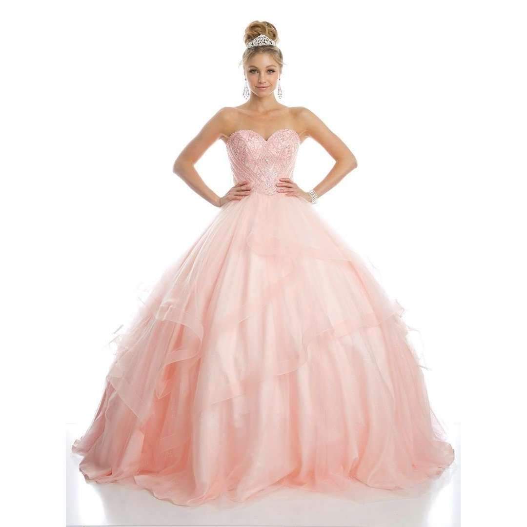 Blush tulle ball gown with sweetheart beaded corset bodice and full layered skirt